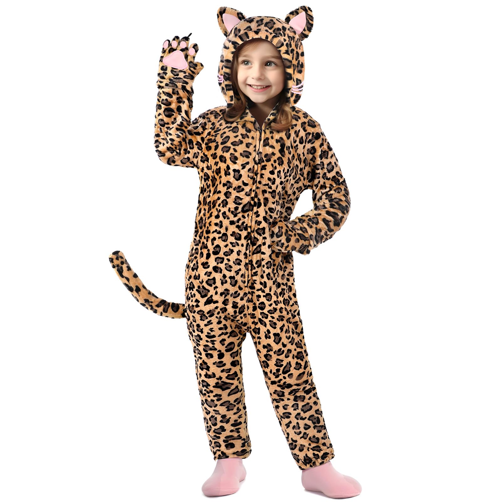 Giftinbox Cheetah Costume Kids, Zip-Up Hooded Onesie Cheetah Girls Costume, Cat Costume For Girls Dress Up, Halloween Animal Costumes For Kids 5 6 7 8 9 10