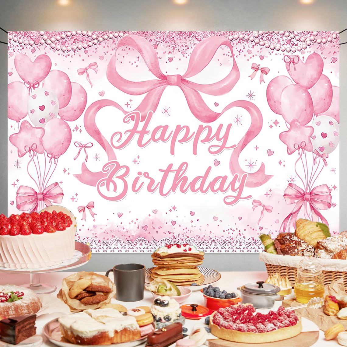 Cute Pink Bownot Birthday Party Backdrop Pink Bow Balloon Happy Birthday Banner Photography Background for Girls Teens Party Sup