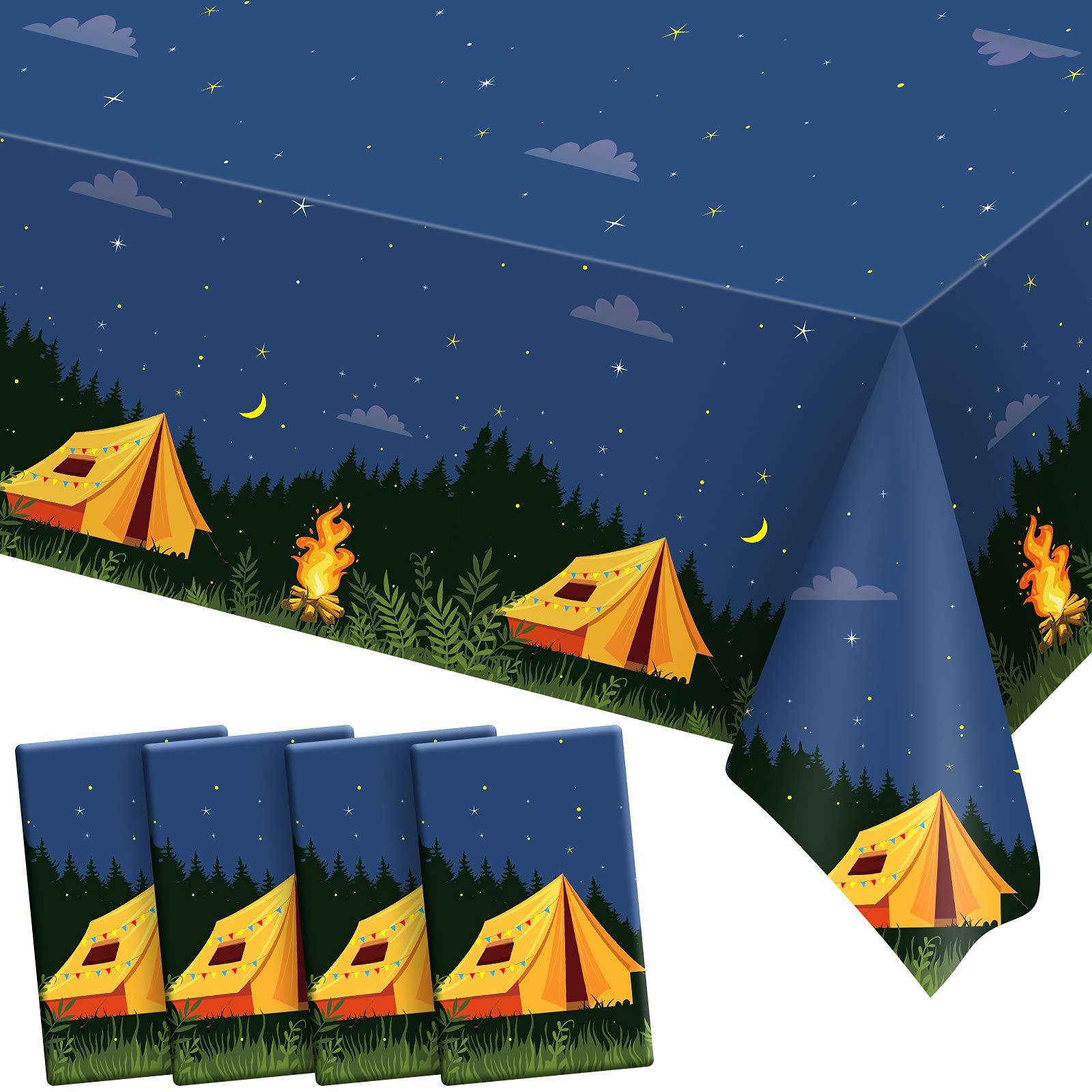 Breling 4 Pieces Camping Party Decorations Camping Tablecloth Plastic Rectangular Campfire Table Cover for Picnic Hiking Adventu