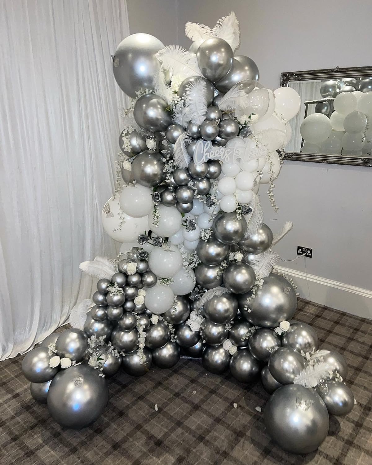Disco Ball Balloons Arch Kit, White And Silver Balloons Different Sizes Garland With Large Metallic Silver Mirror Balls Balloons