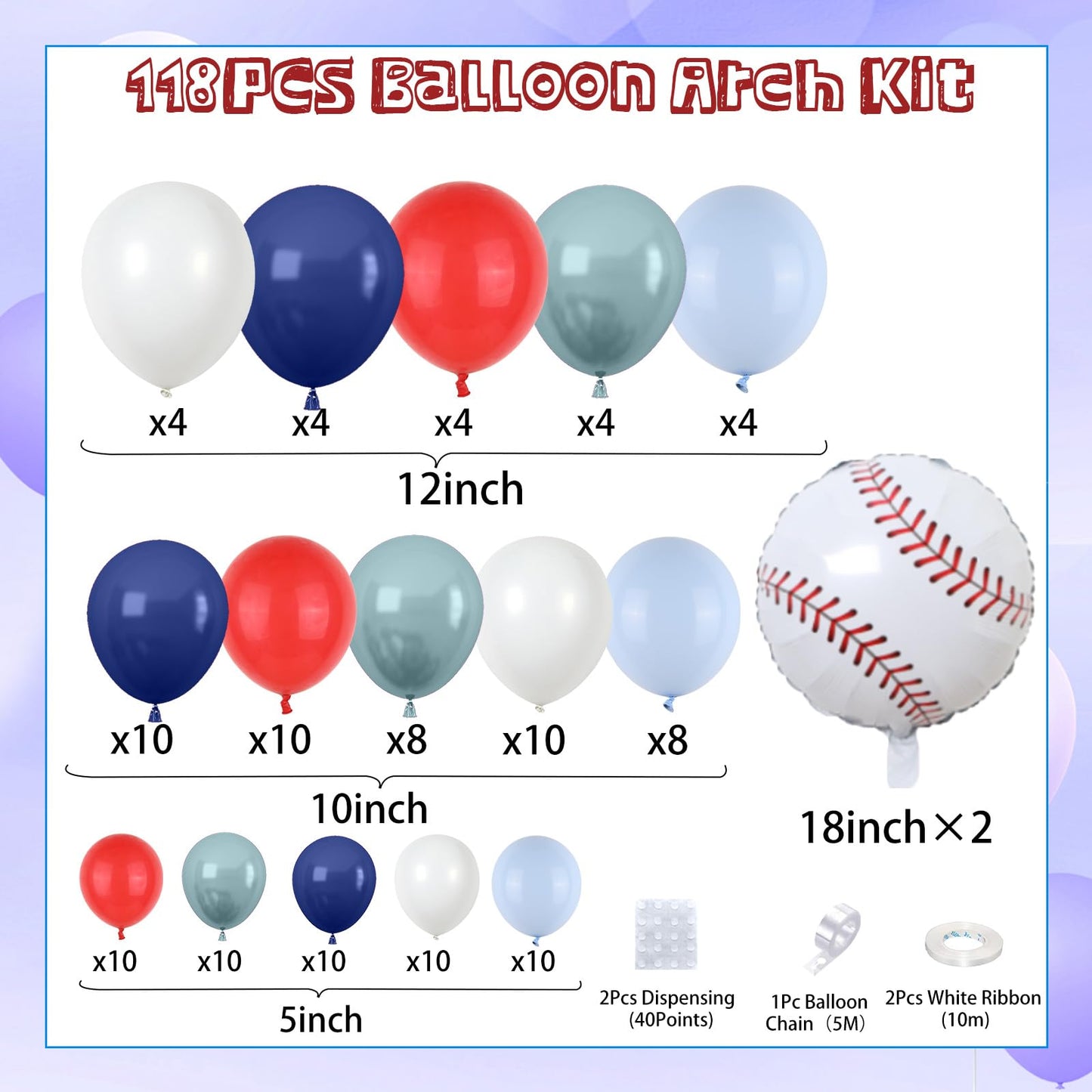 FunHot Baseball Balloon Arch Kit, Navy Blue & Red Garland with White Foil Balloons, Birthday Party Decorations, Model B188-29E