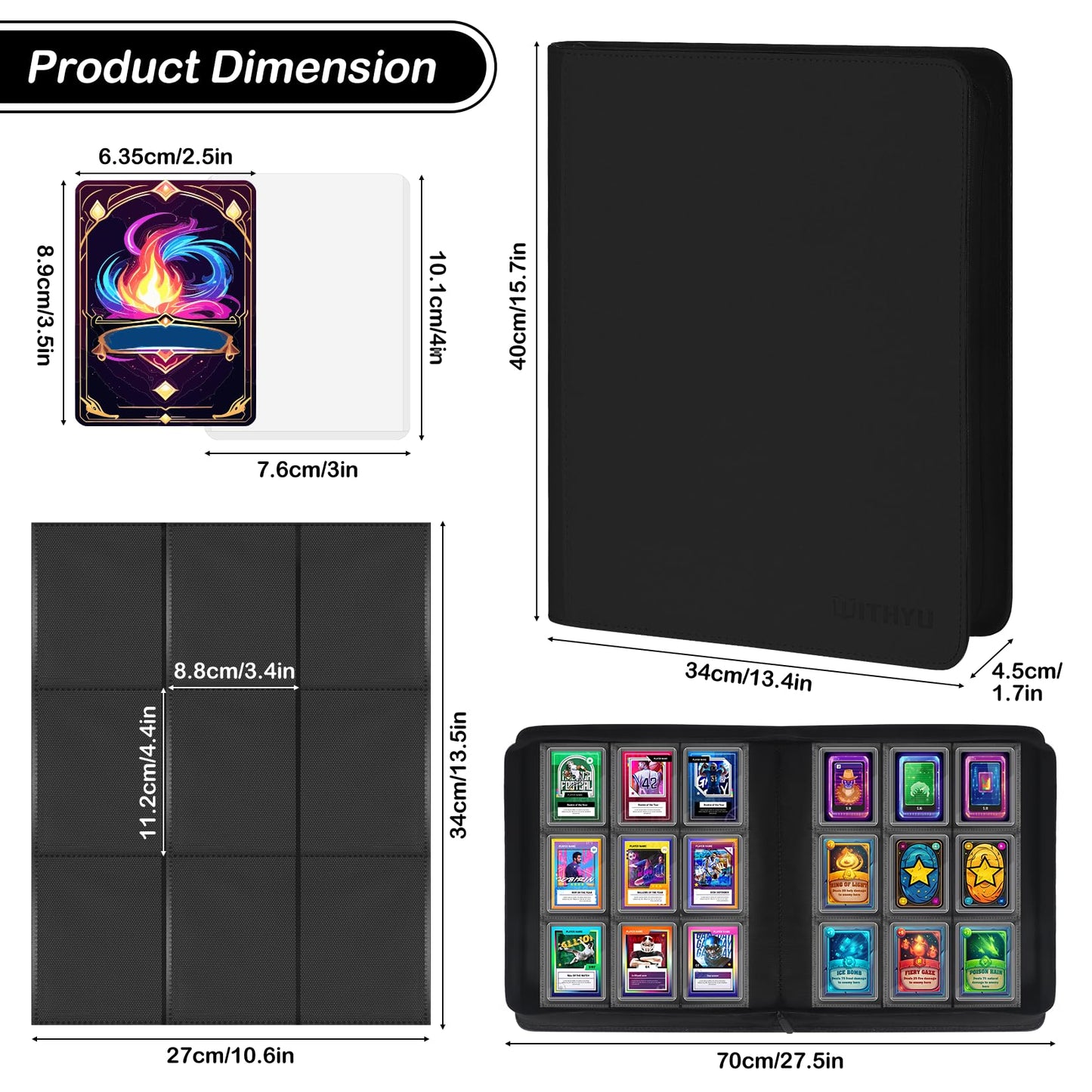 WITHYU Toploader Binder 9 Pocket for 3x4 Rigid Cards  Holds 360 Pockets with 20 Toploaders Included  Trading Card Binder Album for TCG MTG Sports Collection (Black)