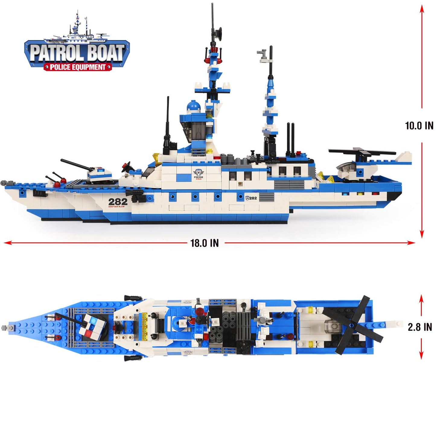 EP EXERCISE N PLAY Police Ship Building Blocks Kit, 1169 Pieces, Large, Blue, Includes Cop Car & Helicopter for Ages 6-12
