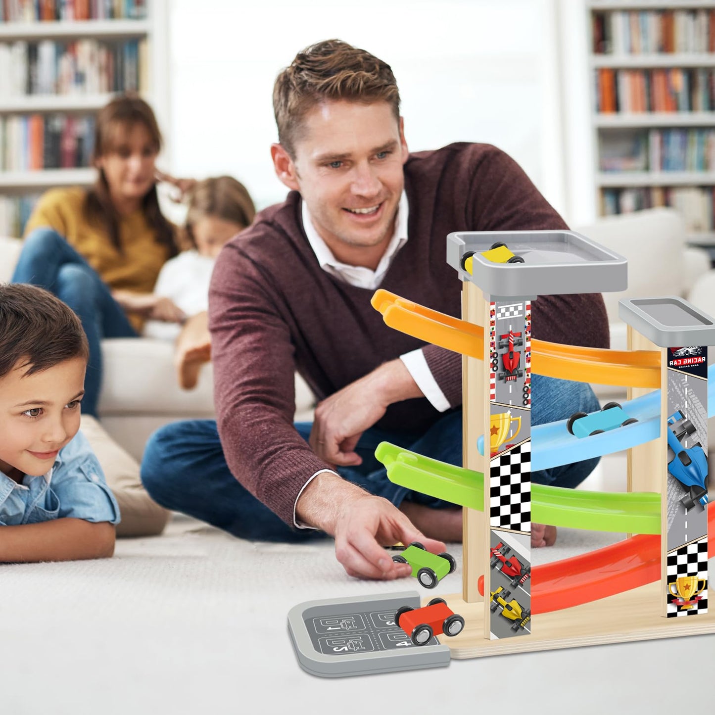 Wooden Race Track Car Ramp Toy, Montessori Car Ramp Set With 4 Mini Cars, 4 Ramps, Parking Lots - Educational Gift For Boys & Gi