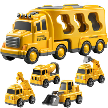 Temi Construction Truck Toys For 3-7 Years Old Boys - Kids Friction Powered Car Toys For Toddler Ages 3-5, Carrier Play Vehicles