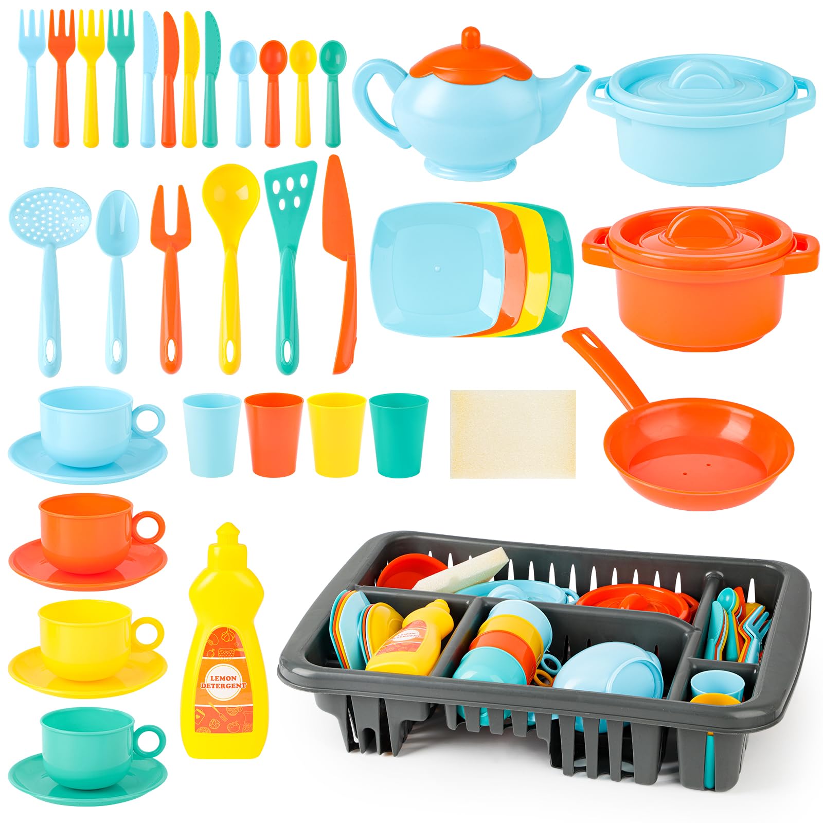 deAO 41PCS Kids Play Dishes Pretend Play Kitchen Set for Kids Children Tableware Dishes Playset with Drainer - Play Kitchen Acce