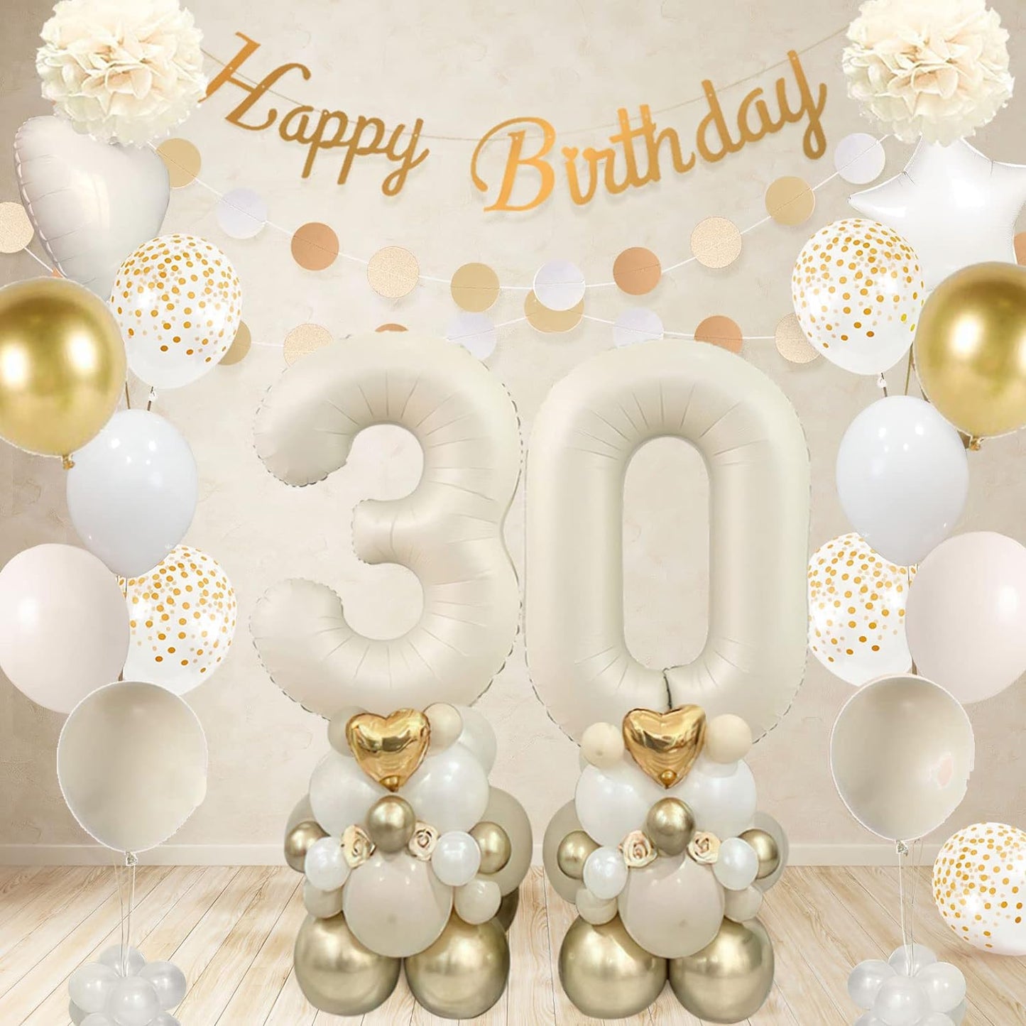30Th Birthday Decorations For Her, Gold Happy 30Th Birthday Decorations Beige Gold And White Balloons Happy Birthday Banner Cake