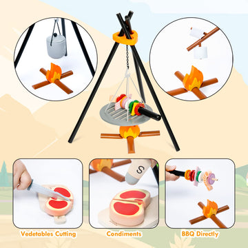 UMU Kids Camping Toys Set, Pretend Play with Campfire, Wooden Camping Playset Cutting Food for Play Kitchen Camping Gear for Kit