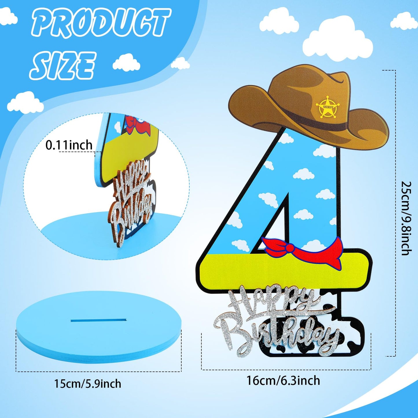 Vercraft Toy Theme 4th Birthday Party Number Centerpiece Cartoon Party Number Sign Blue Sky and White Cloud Cow Birthday Sign fo