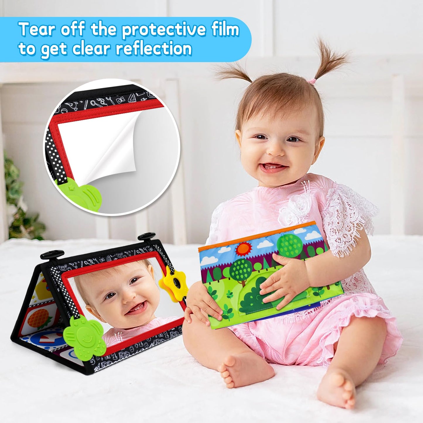 Dr.Rapeti Tummy Time Floor Mirror For Baby Infant Toddler Kids Black And White High Contrast Baby Toy With Crinkle Cloth Book Teethers Floor Activity Toy Washable Non-Toxic