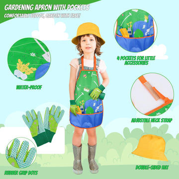 Magic4U Kids Gardening Tools Set, 22 Pcs Metal Garden Tools Toys For Kids With Apron, Gloves, Wood Handle Shovel, Rake, Hoe And Leaf Rake, Outdoor Digging Toys Gifts For Kids Age 3+