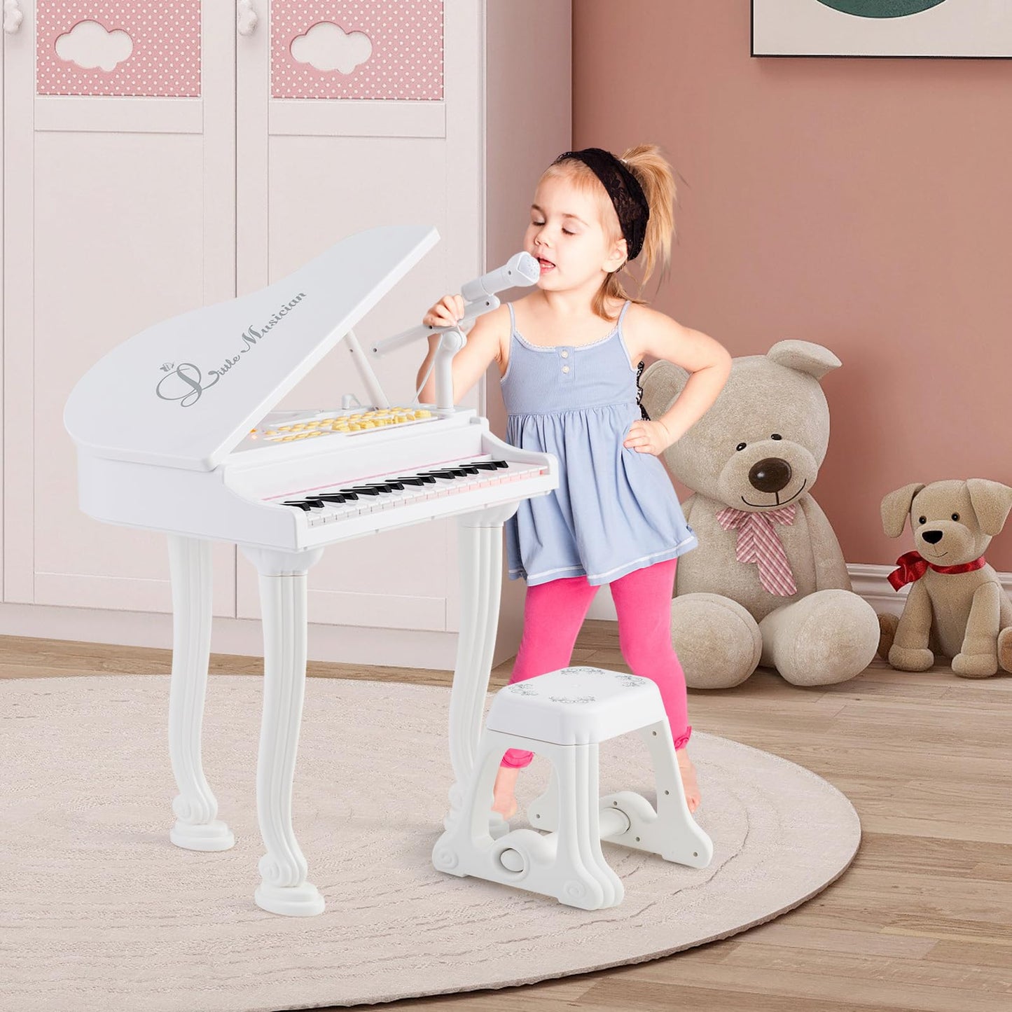 HONEY JOY Classical Kids Piano, 37-Key Toy Mini Grand Piano with Music Stand & Stool, Portable Electronic Educational Musical In