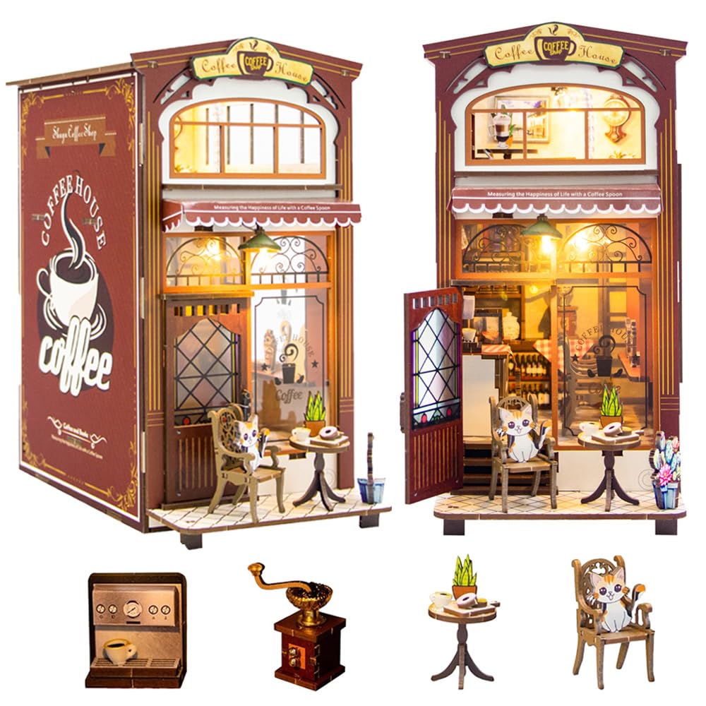 Book Nook Kit,Dollhouses Caf   Miniature Wooden Doll House Kit, With Furniture And Led Light, Accessories Educational Toys, For 