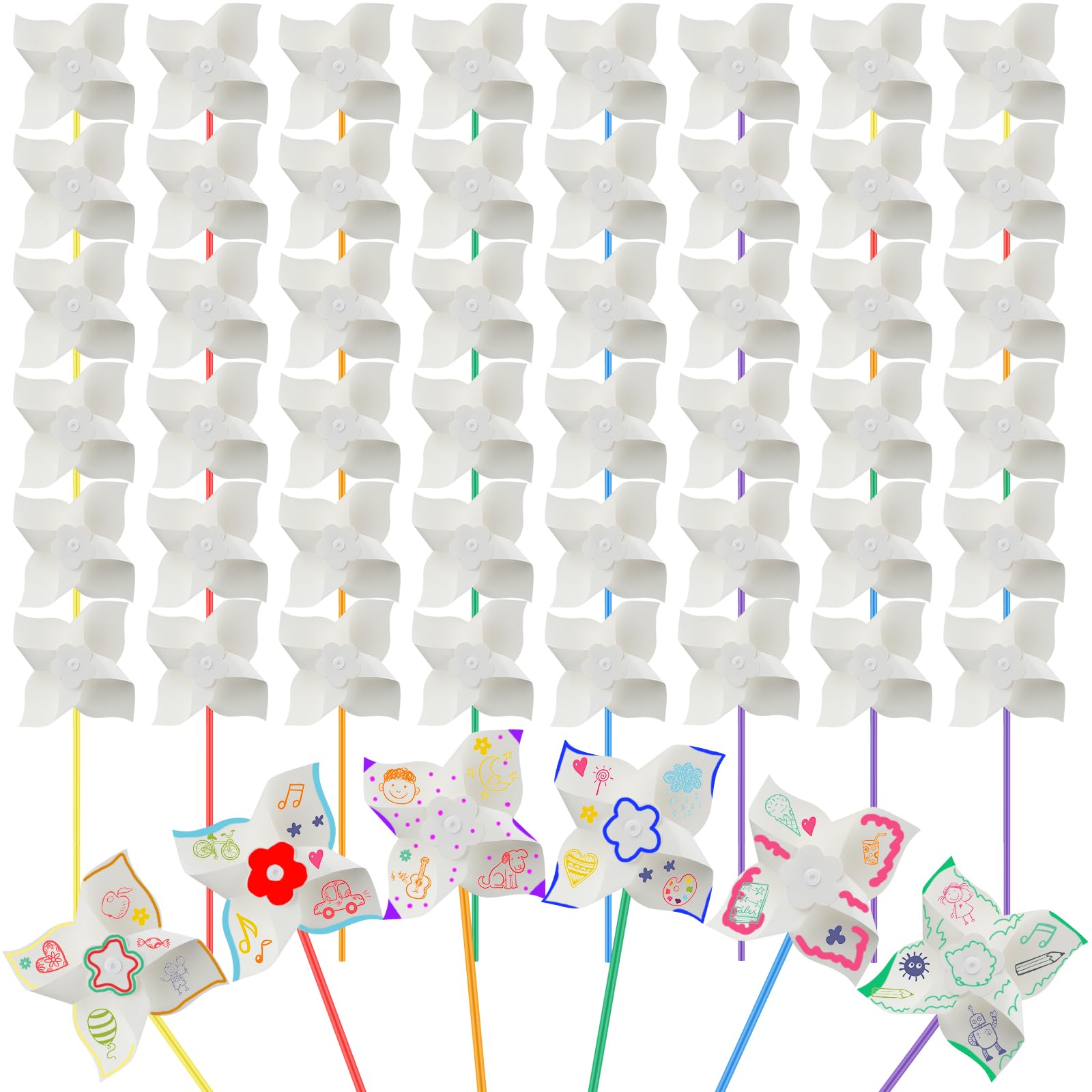 Poen DIY Pinwheels DIY Craft White Blank Paper Pinwheels Color Your Own Pinwheels for Kids Boys Girls Summer Activity Arts and C