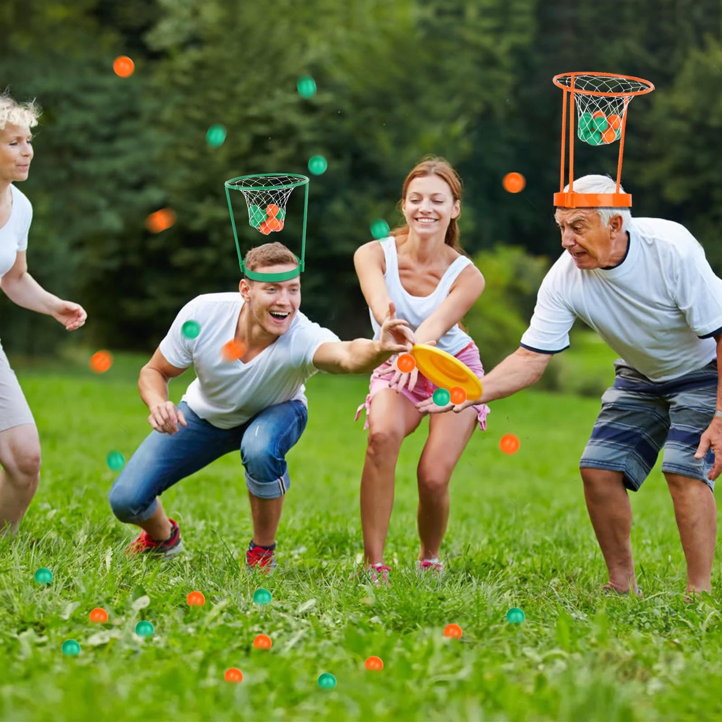 2 Pack Head Hoop Basketball Party Game For Kids And Adults Carnival Game Adjustable Basket Net Headband With 20 Balls For Carnival Party Birthday Party Family Indoor Outdoor Game (Green + Orange)