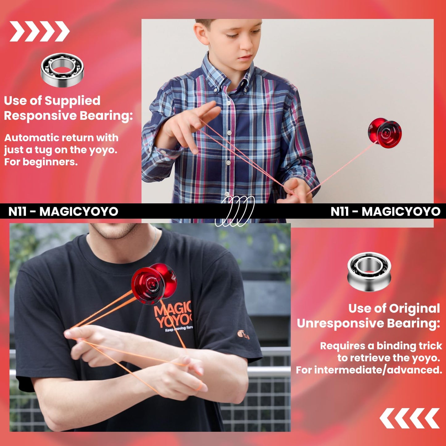 MAGICYOYO N11 Professional Unresponsive Yoyo & Responsive Yoyo for Kids 8-12 or Above Alloy Aluminum YoYo with Yoyo Bag  Yoyo Glove  12 Yoyo Strings and Responsive Bearing Kit (Black Red)