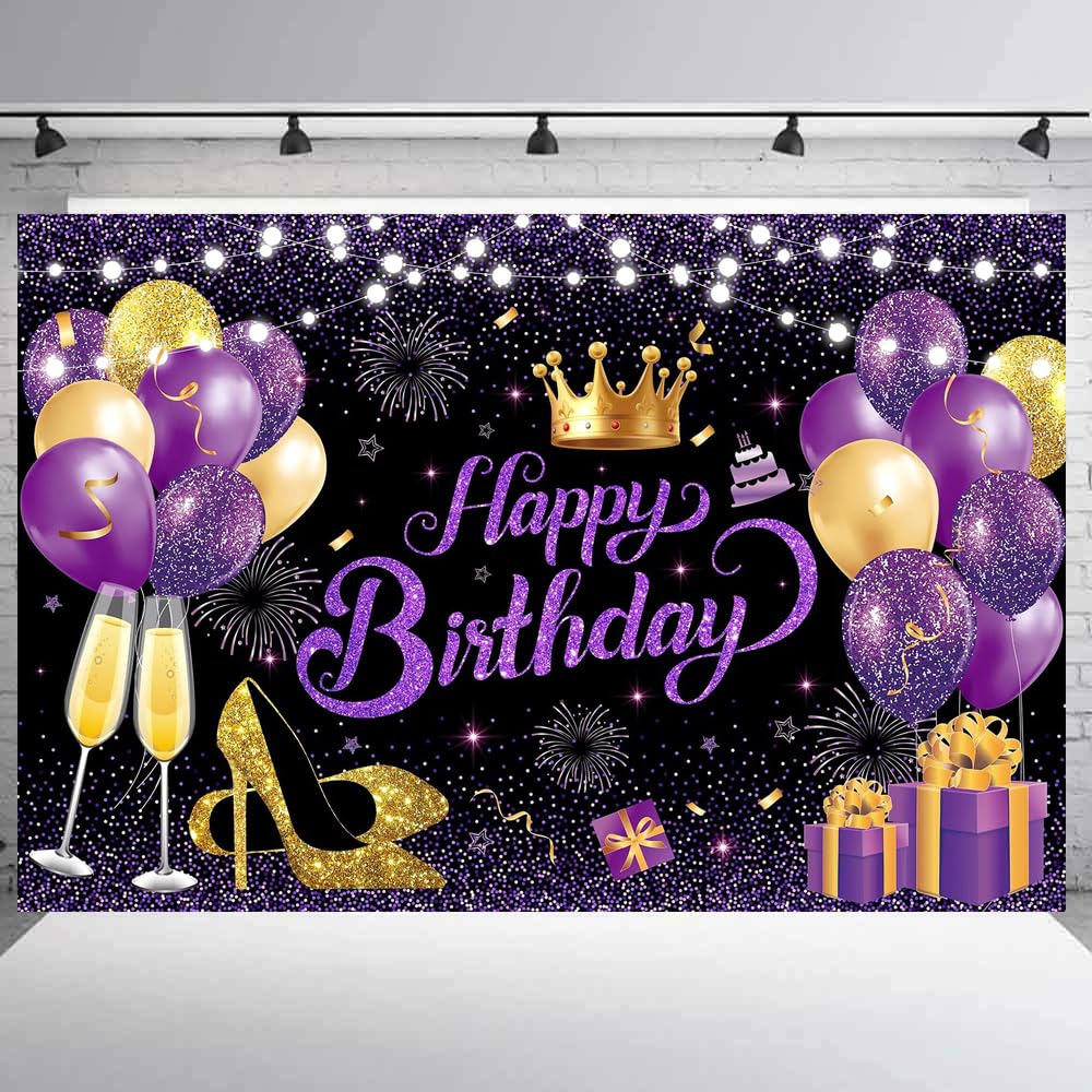 YinQin Backdrop - Happy Birthday Party Cloth 180x120 cm, Purple Gold Glitter, Photography Background for Women and Girls