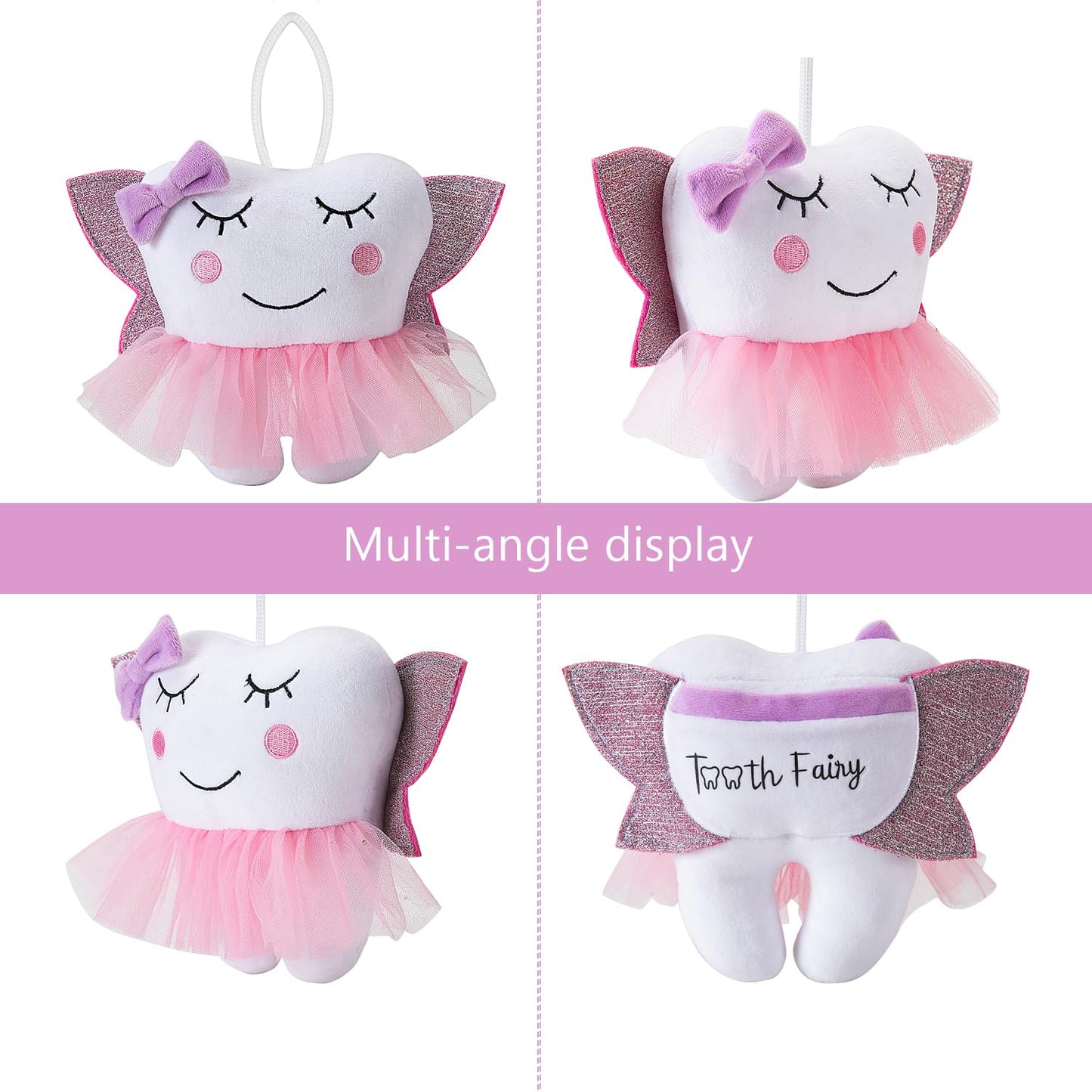Free-Space Tooth Fairy Pillow With Pocket Ballet Doll For Girl Shiny Wings Crystal Velvet Tooth Fairy Keepsake Gifts (Pink)