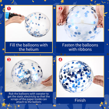 60 Pcs Balloons Kit 12 Inch Confetti Balloons With 2 Rolls Ribbon Latex Balloon Party Favor Metallic Balloons For Memorial Day, Birthdays, Fourth Of July, Halloween Decorations(Black, Blue, White)
