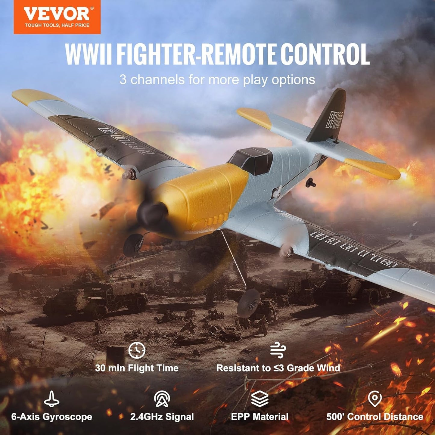 Vevor Rc Plane, 2.4Ghz 3 Channel Rc Airplane With 6-Axis Gyro Stabilizer&2 Batteries, Ready To Fly Bf-109 Fighter Aircraft Plane