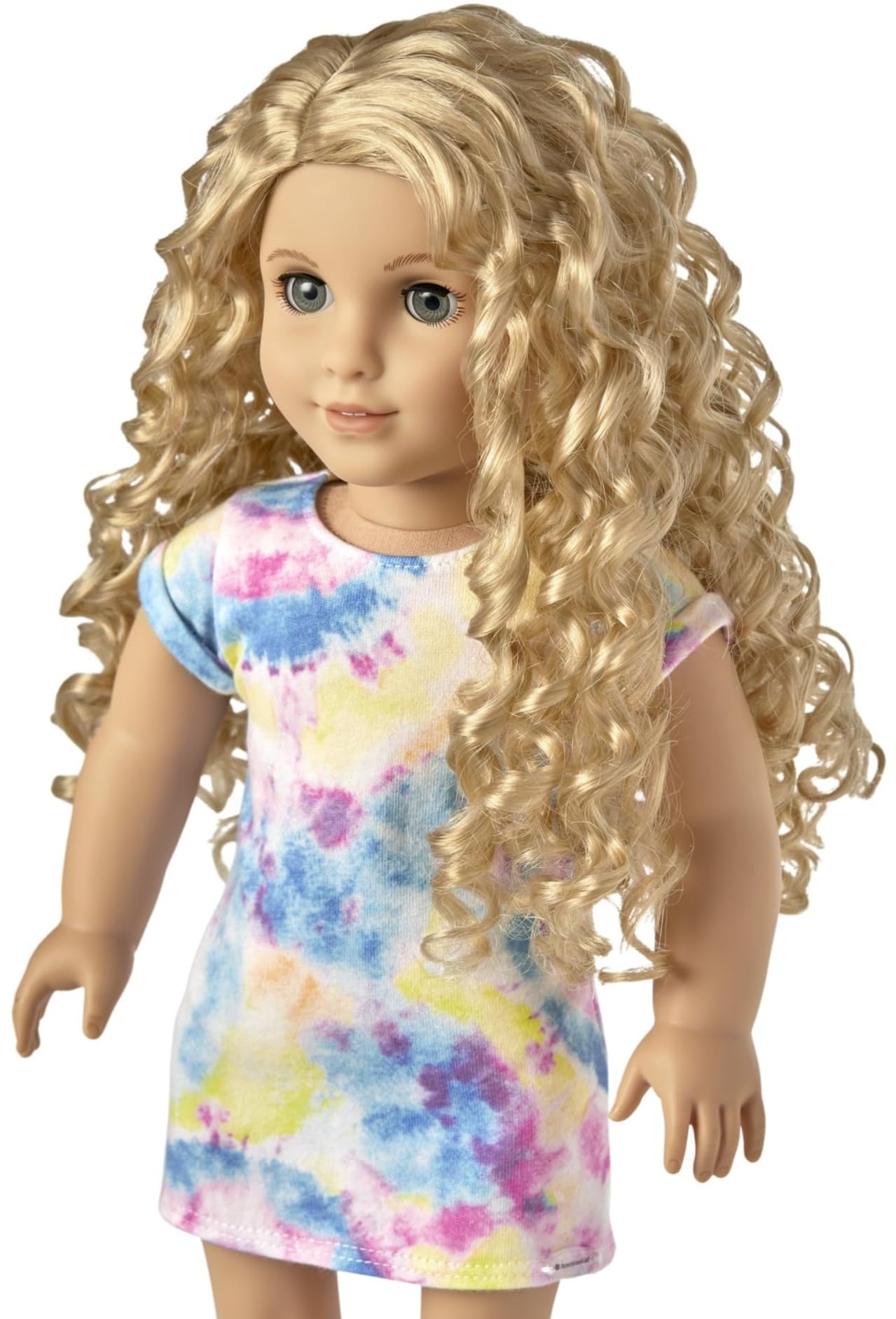 American Girl Truly Me 18-Inch Doll #115 With Gray Eyes, Curly Blonde Hair, Light Skin, Tie Dye T-Shirt Dress, For Ages 6+