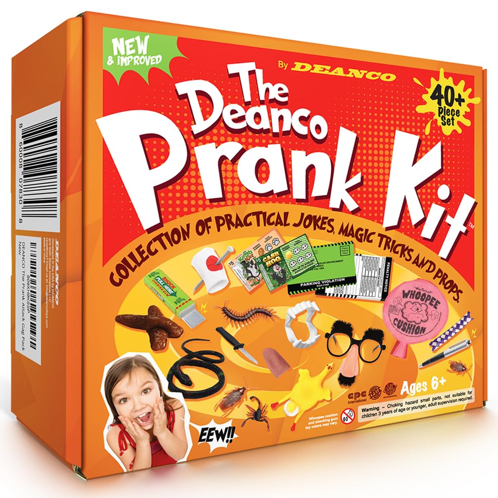 Deanco Prank Kit-Joke Box-Ultimate Gift Set-Practical Jokes-Party Favors -40 Pcs - Boys Toys Age 8-10 - April Fools Pranks