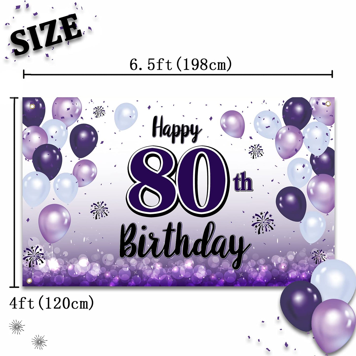 LASKYER 80th Birthday Decorations, Purple Balloon Banner, Polyester, P-BH-80, Cheers to Eighty Years, Large Backdrop Sign