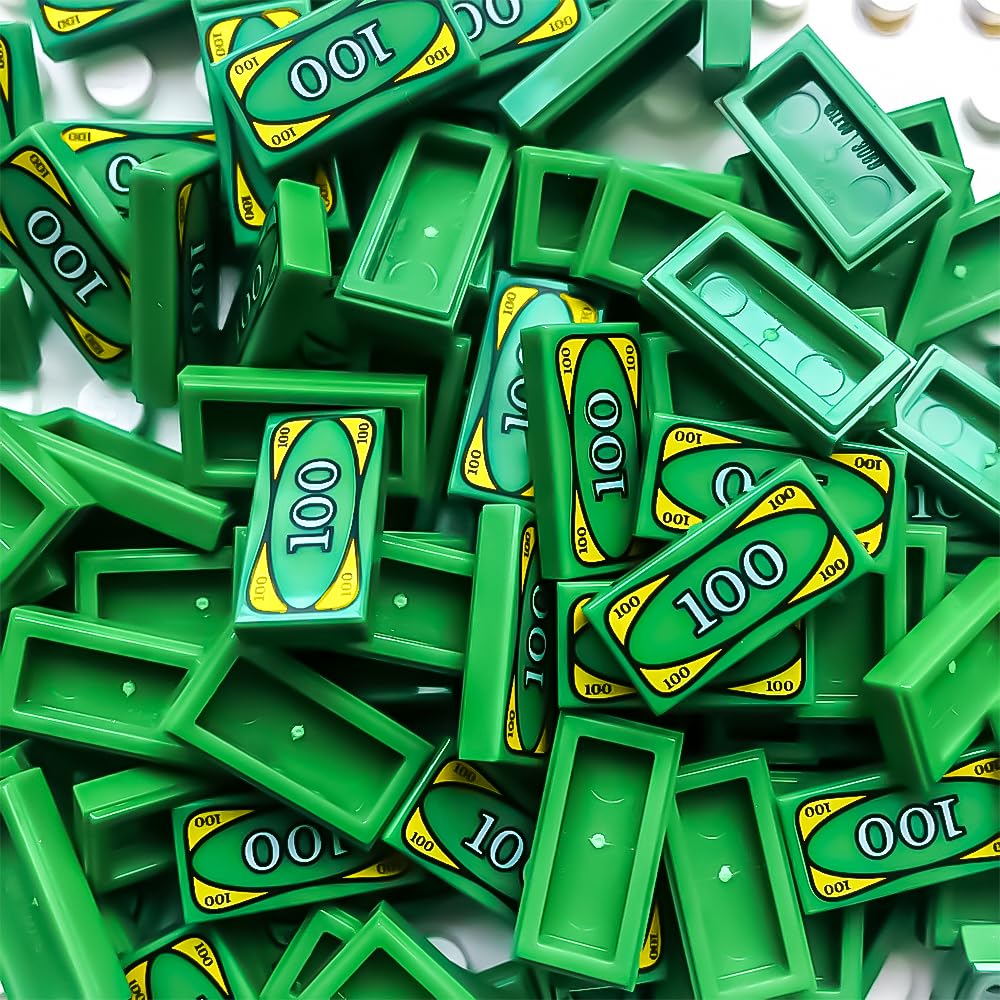 100Pcs 1X2 Tile 100 Dollar Bill Bank Cash Minifigure, Green Money Tile Accessories For Building, Compatible With Lego Creative B