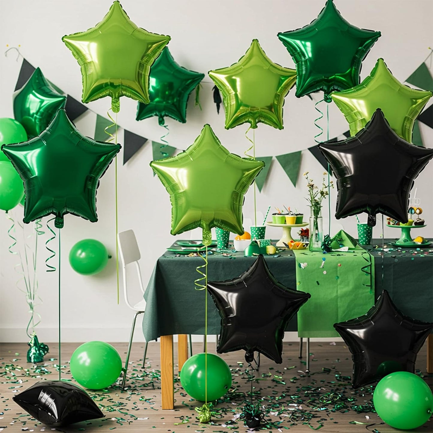 TONIFUL 15Pcs 18 Inch Large Green Black Star Shape Foil Balloons Big Stars Helium Mylar Ballons for Birthday Wedding Baby Shower