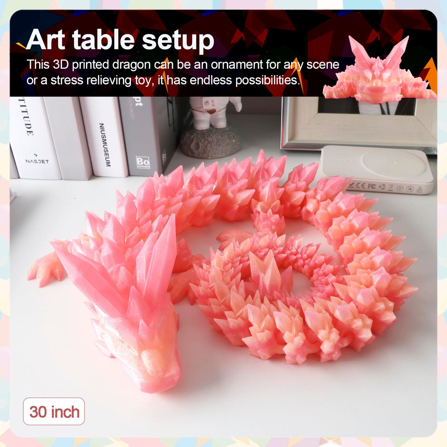 Rwsefk 30 In 3D Printed Dragon, 30Inch Dragon,3D Dragon Toy,Large Dragon Present,Ariculated Crystal Dragon (Peach Colour, 30Inch