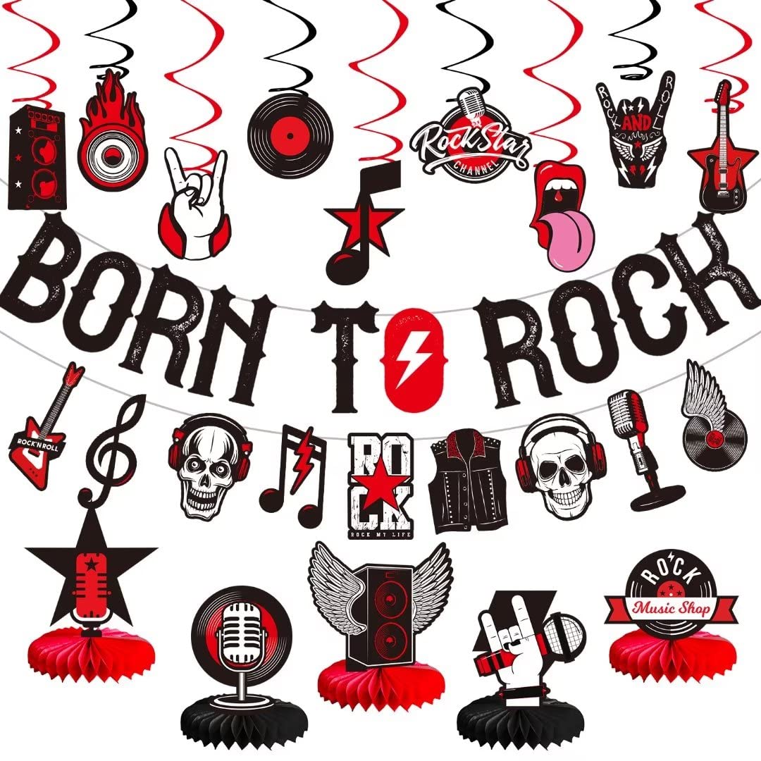 Larrazabal 25Pcs Rock And Roll Party Decorations Include Born To Rock Glitter Banner, Rock And Roll Hanging Swirls And Honeycomb
