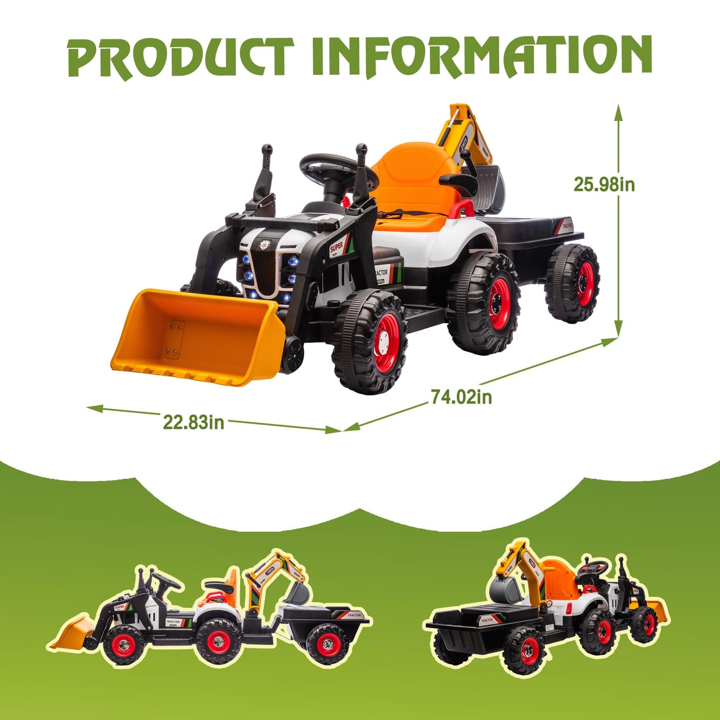 Okybaby 24V Kids Ride On Tractor Toy Electric Car For Kids With 4-In-1 Construction Attachments Excavator, Dump Truck & Bulldoze