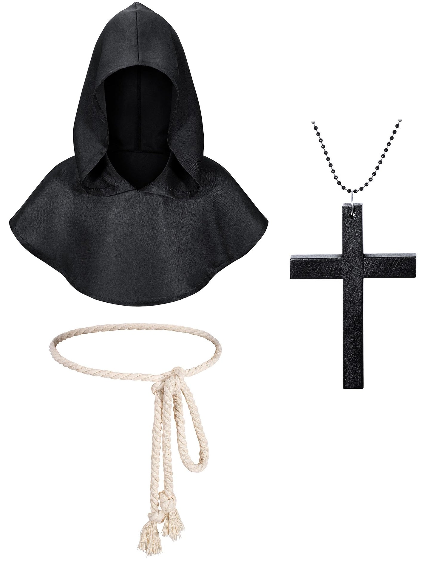Kids Medieval Renaissance Monk Costume Priest Friar Wizard Cloak Hooded Robe Cosplay Costume Belt Necklace Set(BK 140)