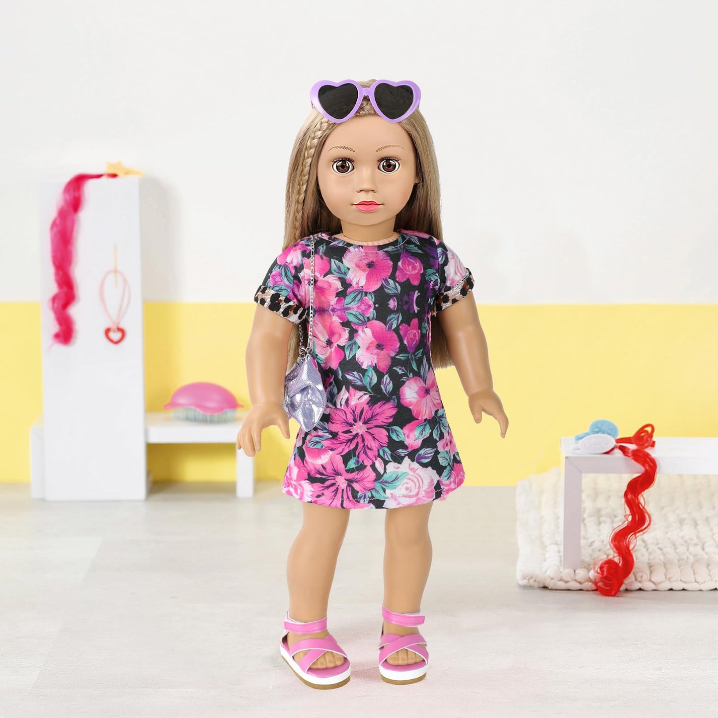 Vawmjot American 18 Inch Doll Makeup Accessories And Clothes,Messenger Bag Set For 18 Inch Dolls Include Sunglasses Phone Lipsti