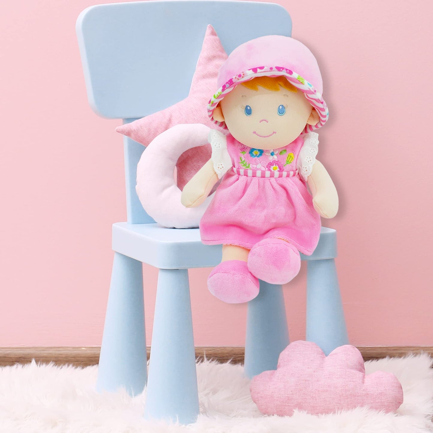 June Garden 12" Soft Dolly Emilia - Plush Stuffed Baby Doll Gift for Girls - Pink Dress, Model JGD21015
