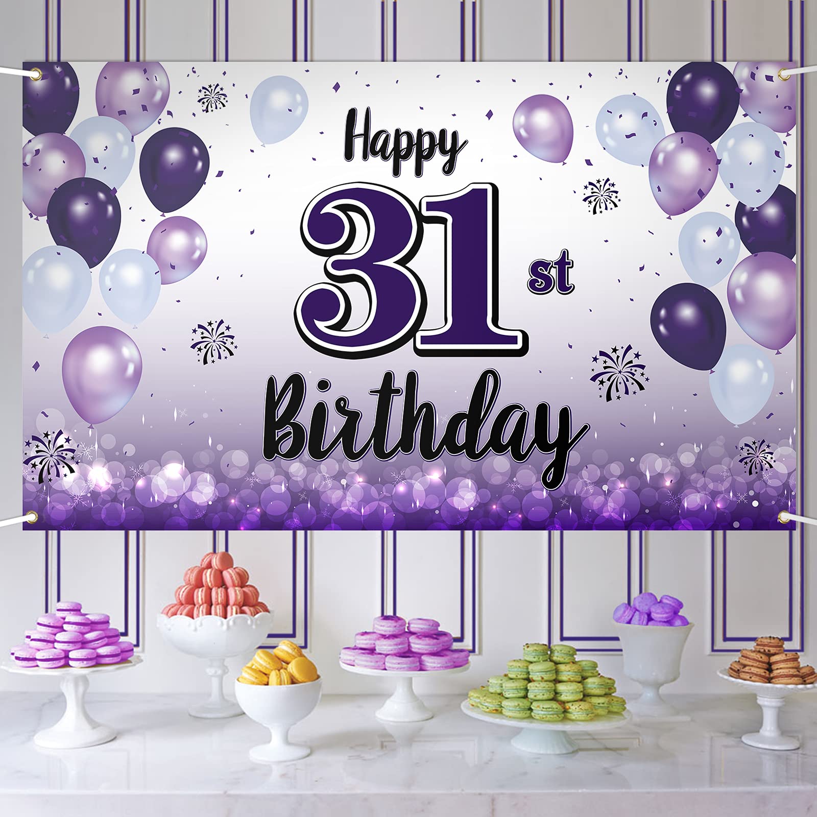 LASKYER Happy 31st Birthday Decorations,31st Purple Balloon Large Birthday Banner Backdrop Sign,31 Years Old Bday Party Supplies
