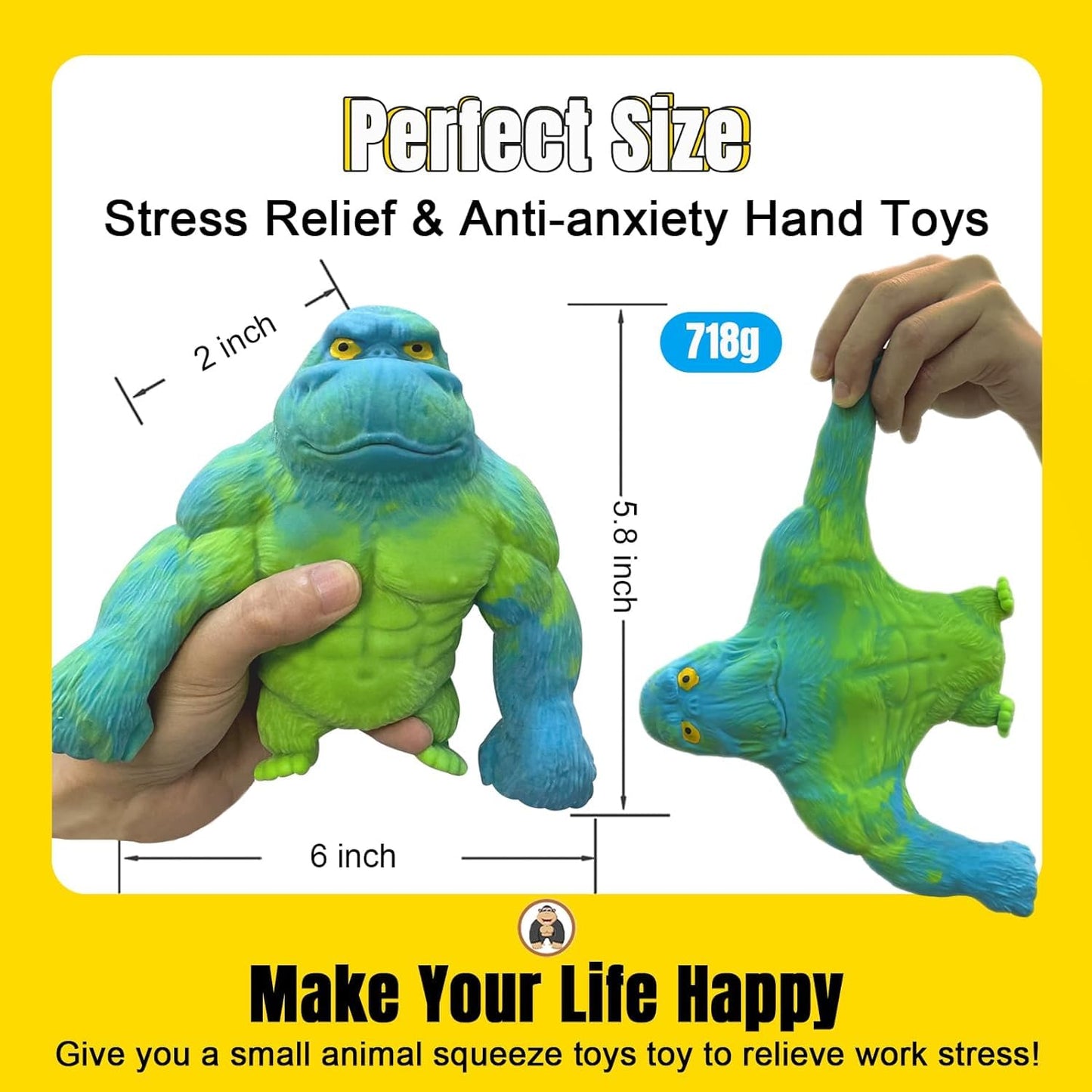RRSDJJ Squeeze Toy - Squishy Blue Gorilla, Elastic TPR Stretchy Decompression Toy for Kids & Adults, Small Size