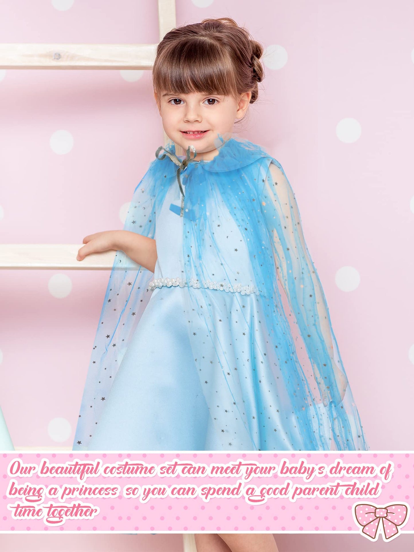 Jiuguva 4 Pcs Princess Cape Girls Princess Cloak Princess Accessories For Little Girls Blue Cape For Kids Cosplay Party (Large)