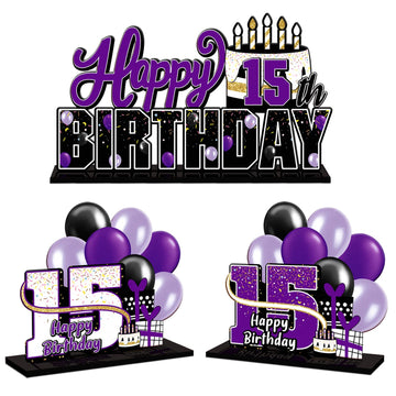 Lingteer Happy 15Th Birthday Purple Acrylic Table Topper Centerpieces Set - Cheers To Fifteen Years Old Birthday 15Th Bday Party Gift Decorations.
