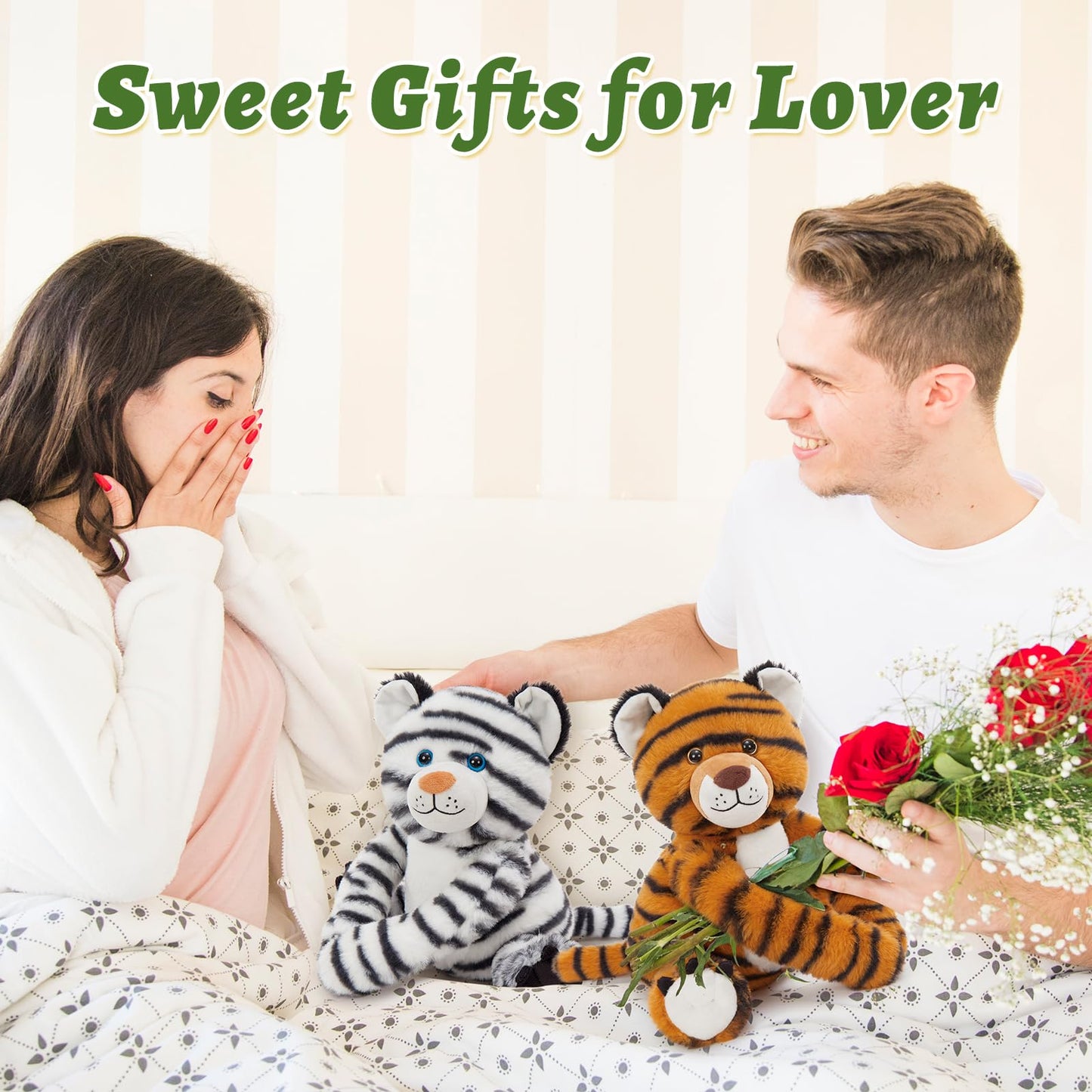 MorisMos Tiger Stuffed Animals Duo - Microwavable Plush Toys, 12" Multicolored Heating Pad for Kids & Couples