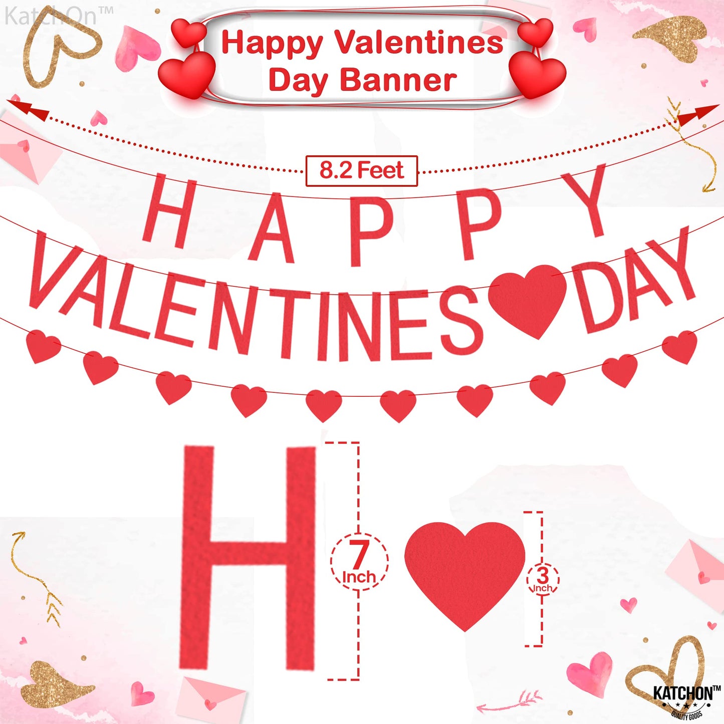 KATCHON Happy Valentines Day Felt Banner With Heart Garland for Mantle, Indoor or Outdoor Decorations, No DIY Required, Red, Fel