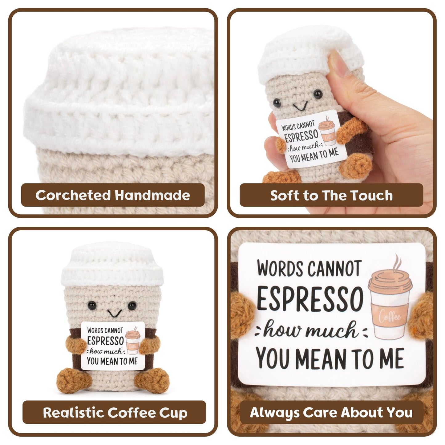 A Aifamy Funny Positive Coffee, Emotional Support Coffee, Cute Crochet Potato Partner Toy With Positive Card Cheer Up Funny Gag