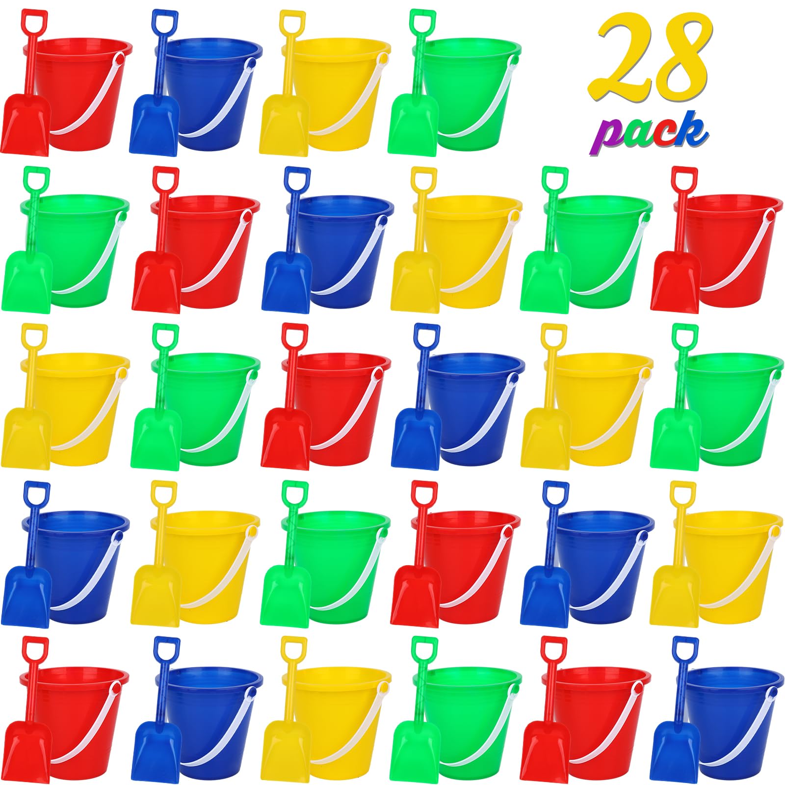 Shindel 28PCS Beach Buckets, Colorful Sand Buckets with Shovels Multi Purpose for Beach, Fun Summer Activities, and Beach Essent