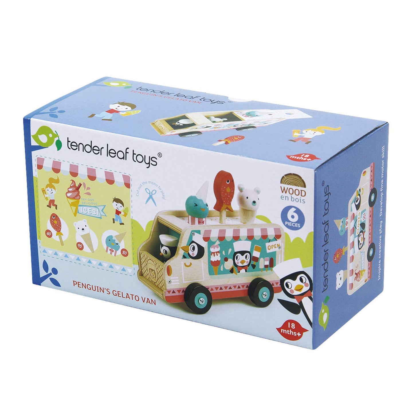 Tender Leaf Toys - Penguins Gelato Van - Food Truck Style Pretend Play, Ice Cream and Ice Lolly Wooden Vehicle - Encourage Role