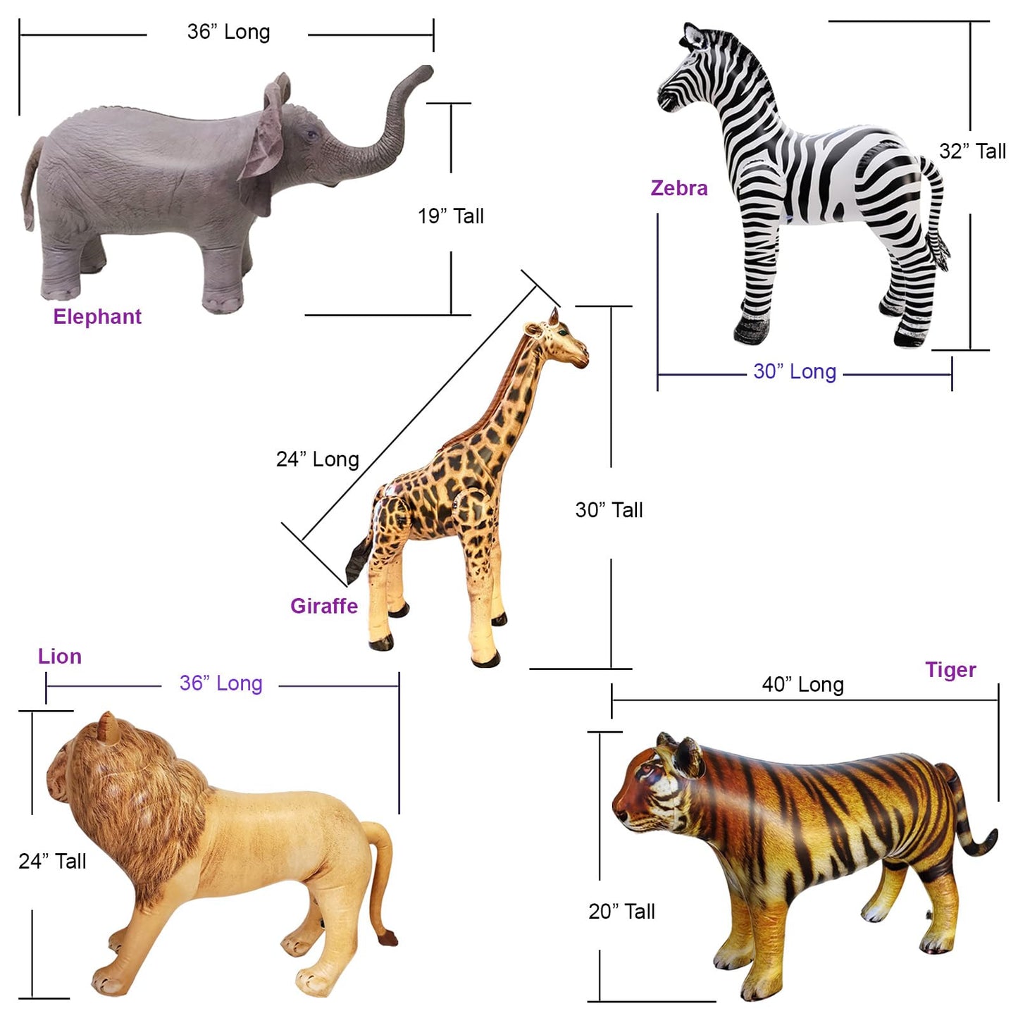 Airniture Inflatable Wildlife Safari Set - 5-PK Realistic Animals (Giraffe 36", Zebra 32", Elephant 19", Lion 24", Tiger 20") - Mult