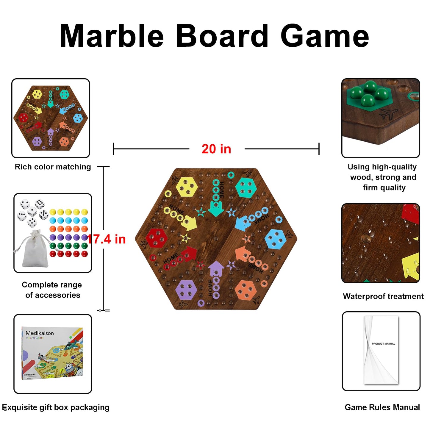 Medikaison Large 20 Inches Wahoo Marble Board Game 4 And 6 Players 2 Sided Painted Thicken Wooden Aggravation Dice Marbles Game For Family Friends Party Game Nights