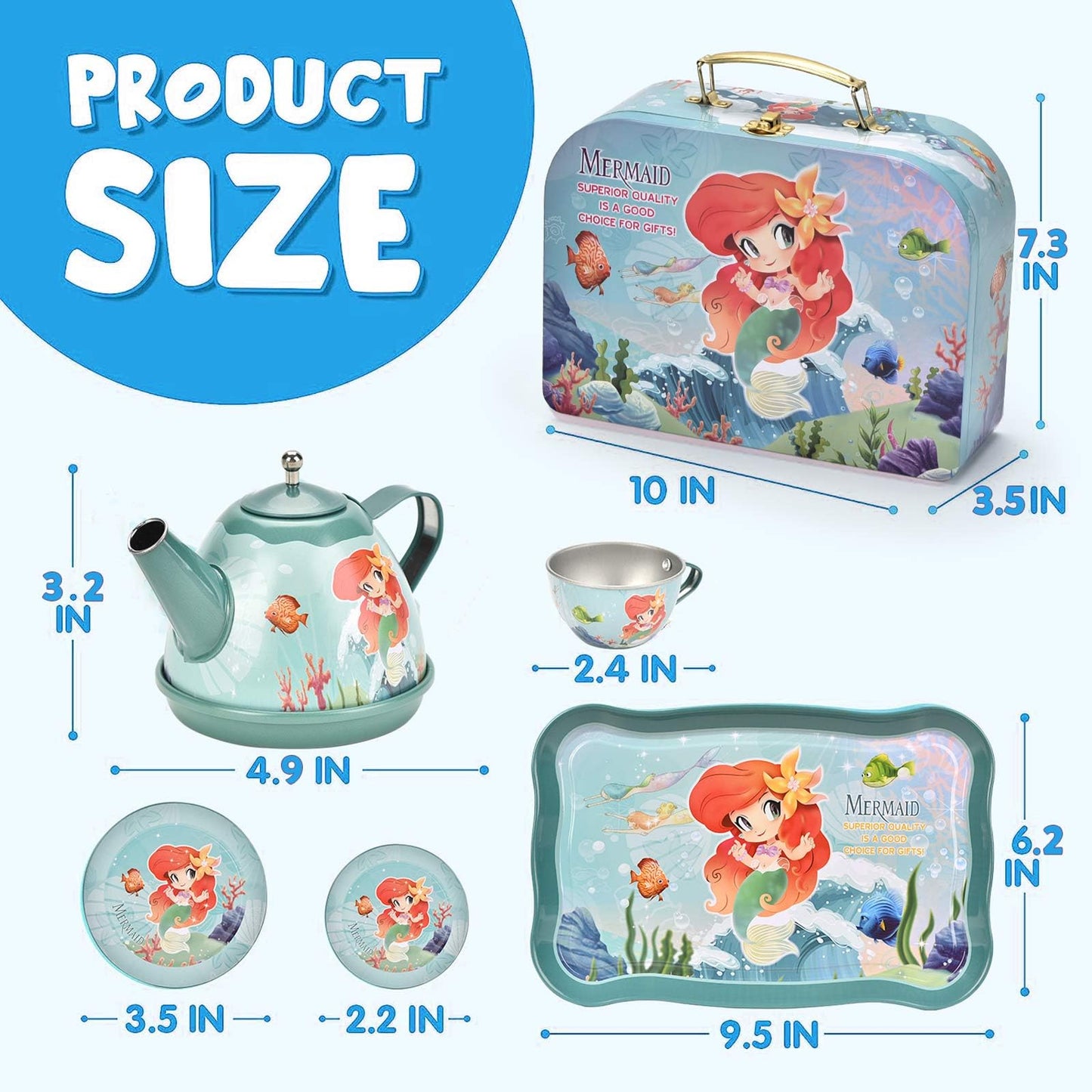 Lajeje 52Pcs Mermaid Tea Party Set for Little Girls, Pretend Tin Teapot Set with Metal Carrying Case, Little Mermaid Princess To