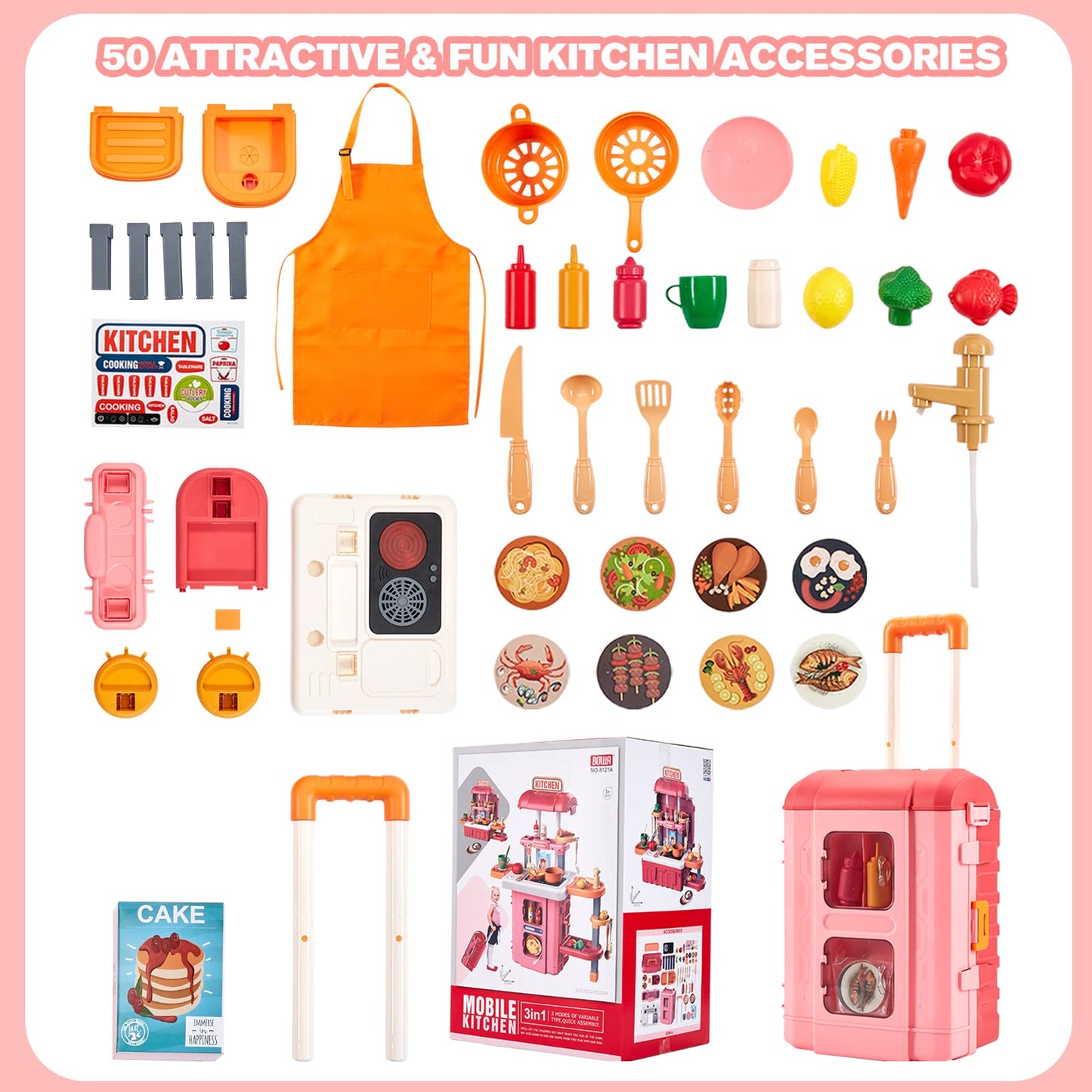 GEIYATOI Kitchen Playset, 3 in 1 Kitchen Pretend Play Toys Travel Suitcase, 49 PCS Realistic Cooking Accessories, Sounds, Lightn