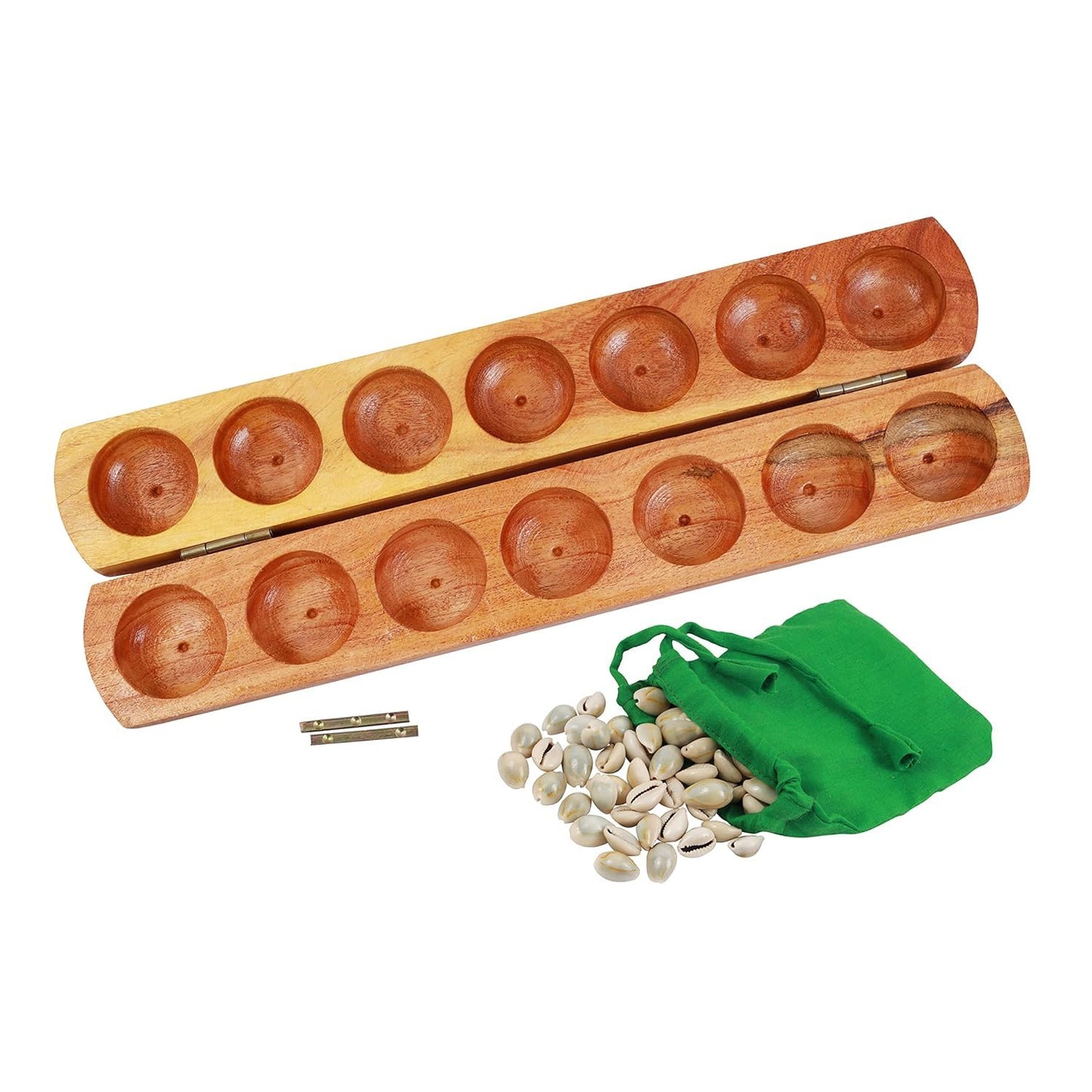 Paljji Handicrafts Vamana Guntalu/Pallanghuzi/Mancala Wooden Board Game With Sea Shells, Storage Bag (Folding With Diece)