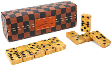Vovotuzzi Dominos Set For Adults, Thick Domino, Double 6 Dominoes Set For Adults And Kids, 28 Marbleized Gold Tiles In Brown Lea